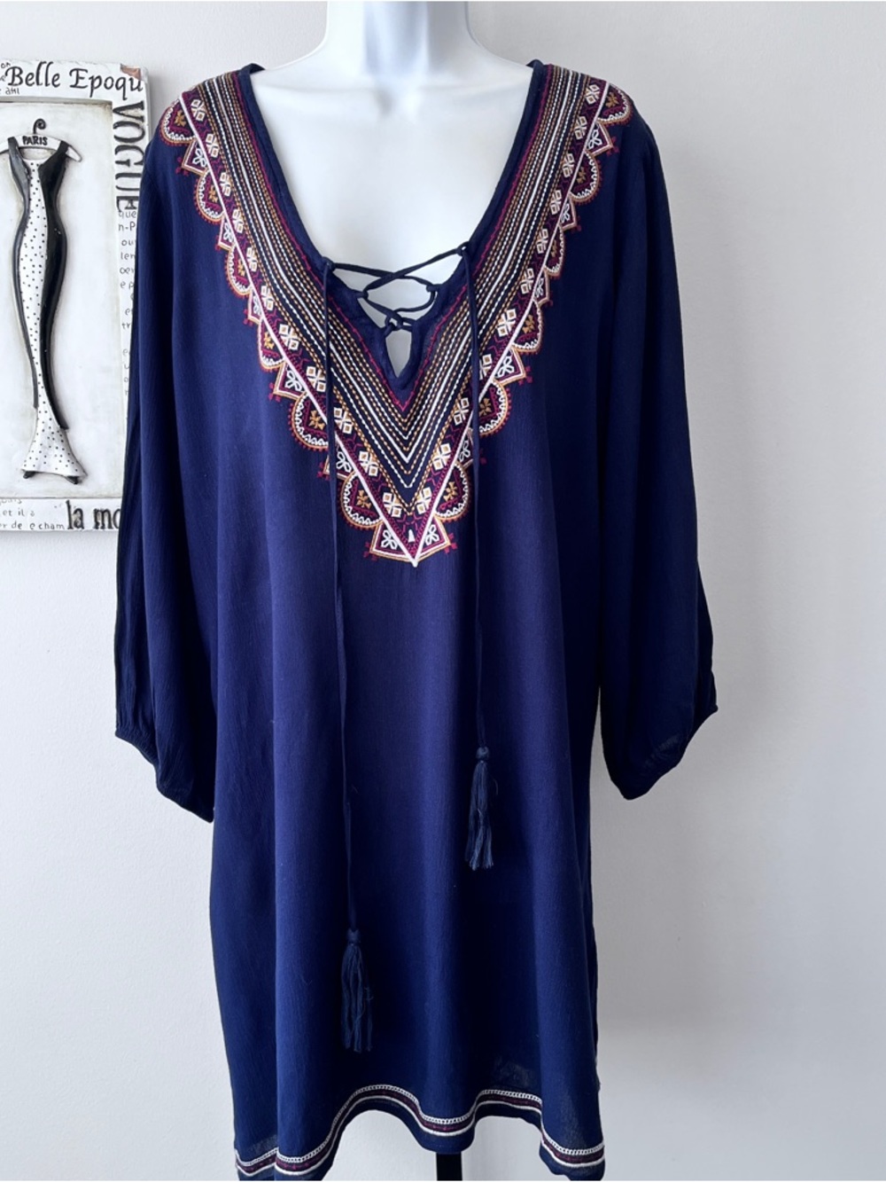Forever 21 Boho Embroidered V-Neck Navy Tunic Top Festival Mini Dress Size L